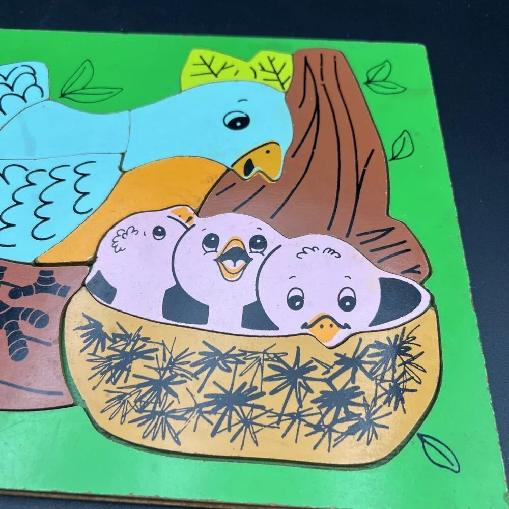 Vtg 70s PLAYSKOOL BIRD FAMILY 330-22 wood puzzle Green